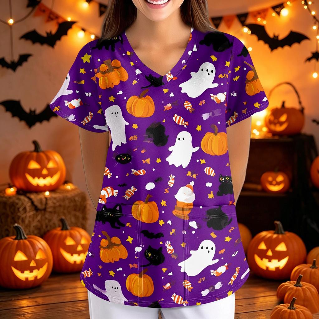 Women's Halloween Print Loose Fit V Neck Pocket Short Sleeve Medical Scrub Top Nurse Uniform Workwear