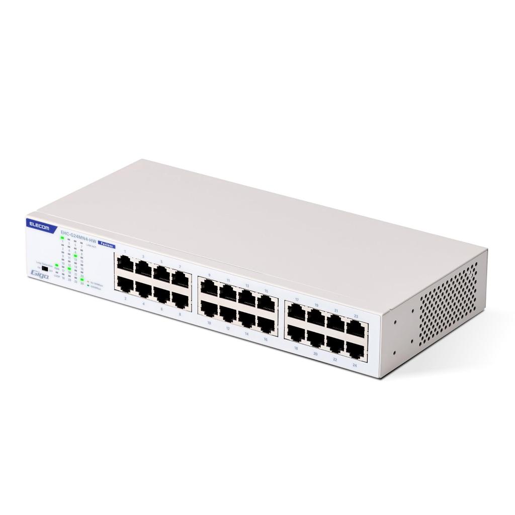 Elecom Switching Gigabit Metal Power Hub, 24-Port, Compatible, Case, Built-in Supply, White, EHC-G24MN4-HW