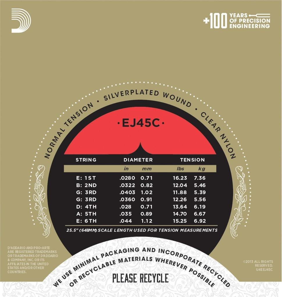 ProArte Classical Guitar Composite D'Addario Strings, Long-Lasting Normal, EJ45C, 10-Pack