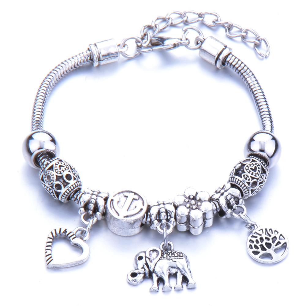 Pulseira em Forma de Coração Liga Design de Elefante Furo Grande Contas de Vidro Transparentes Joia Presente para Mulheres