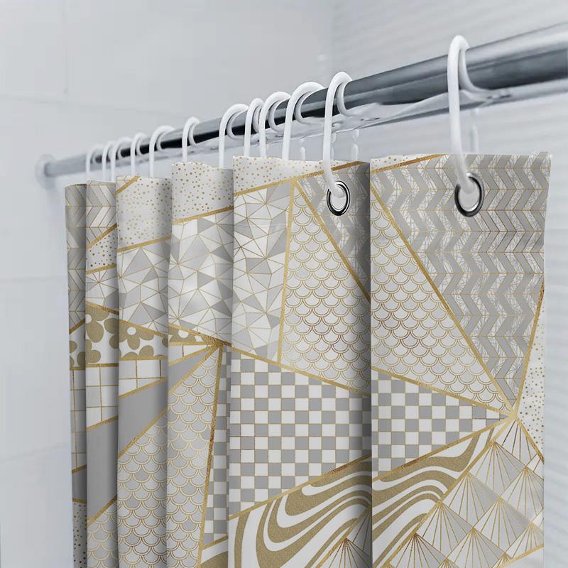 White Gold Geometric Shower Curtain, Luxury Bathroom Decor, Modern Bathtub Cover Waterproof Fabric For Wet Areas, 72 X 84 Inches