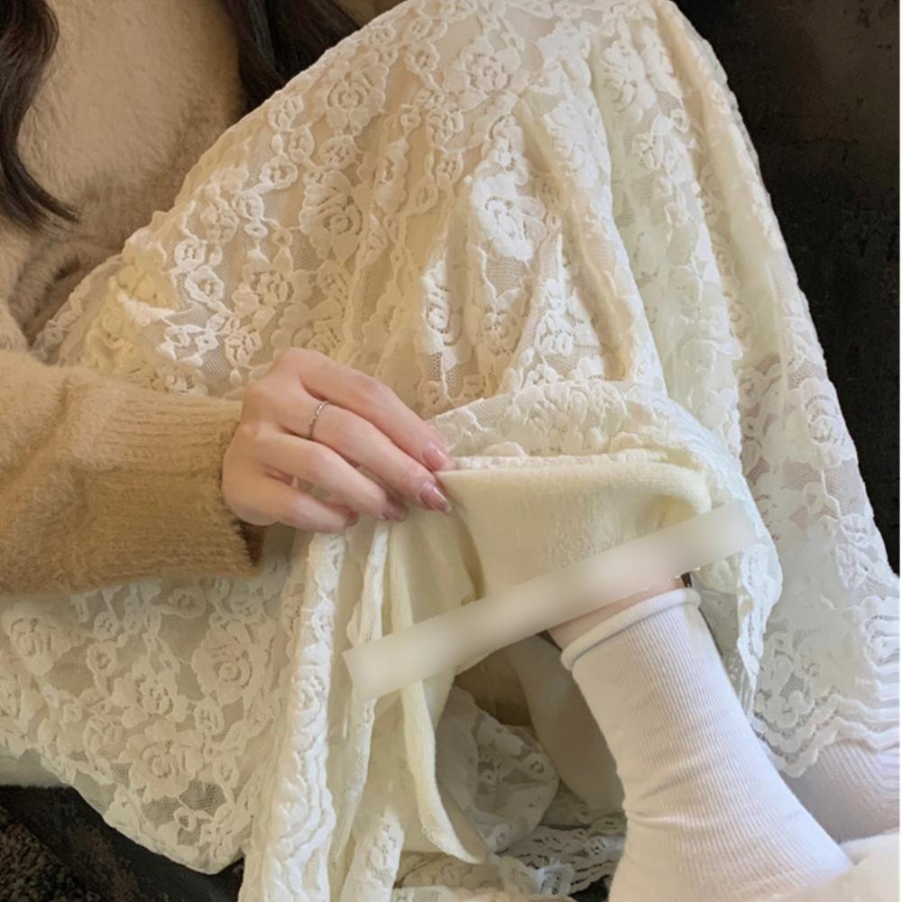 Fleece-Lined Lace Tiered Long Skirt – Cream/Black, From Korea