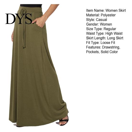 Long Skirt Women Maxi Adjustable Drawstring High-Waisted Solid Color Casual with Pockets Work