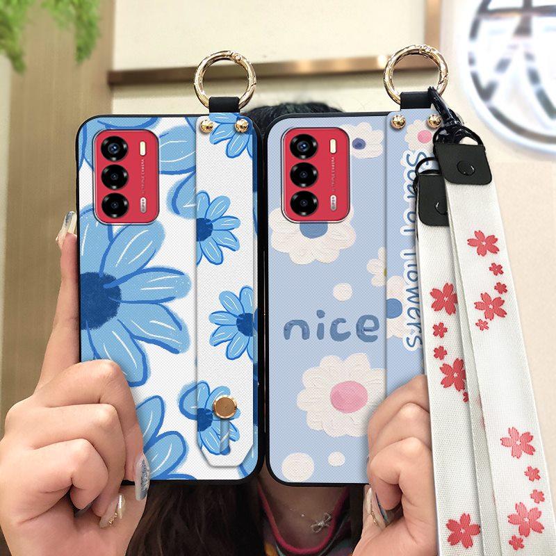 Durable Lanyard Phone Case For ZTE Blade V40 Vita/A72 Ring Anti-dust Fashion Design Silicone Kickstand Waterproof Flower