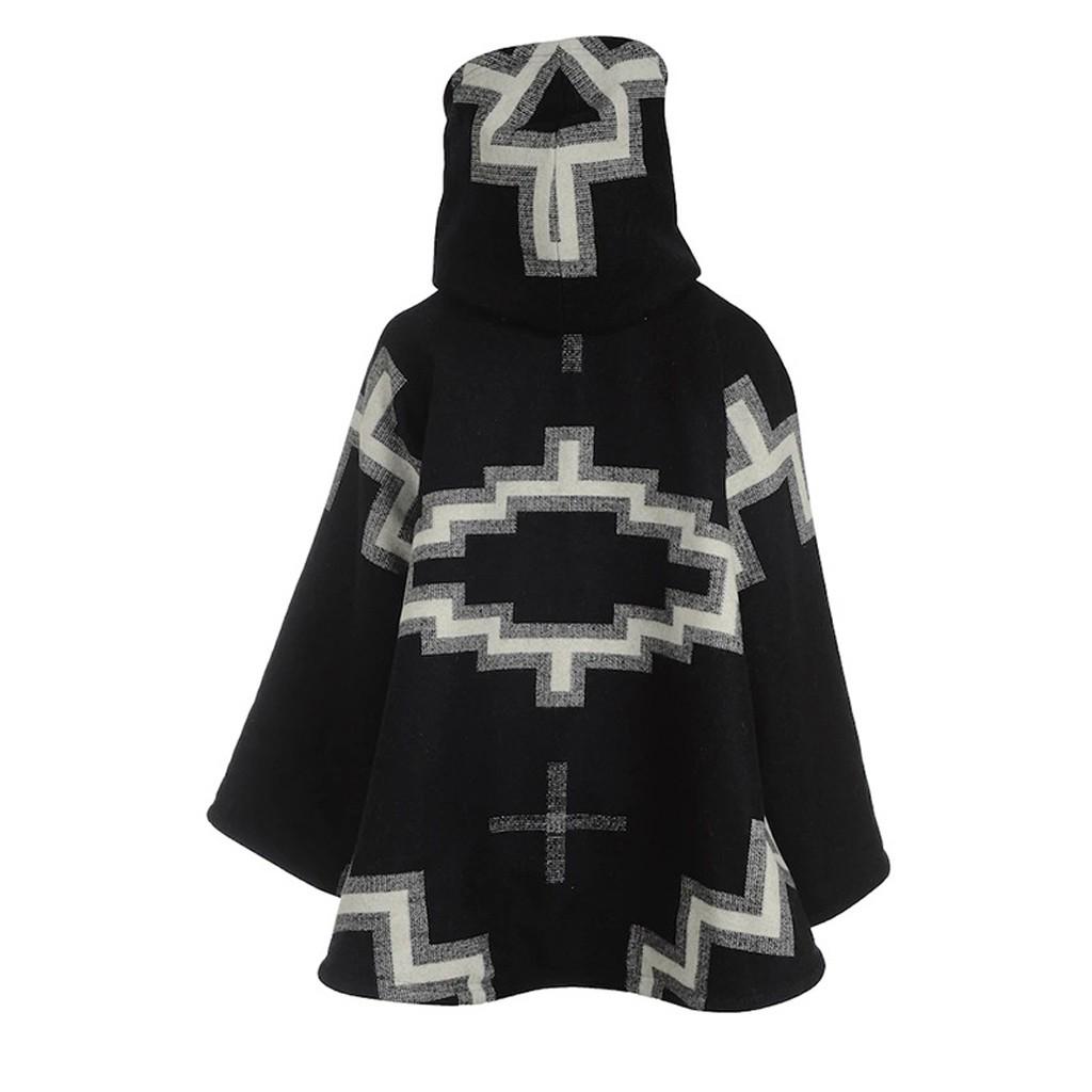 Women Casual Horn Buckle Retro Print Long Sleeve Hooded Jacket Pocket  Coats