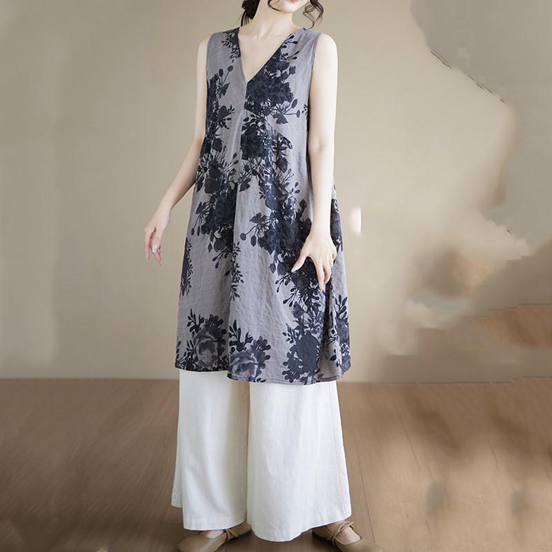 Sleeveless Plus Size Cotton Vintage Floral New In Dresses for Women Casual Loose Midi Summer Dress