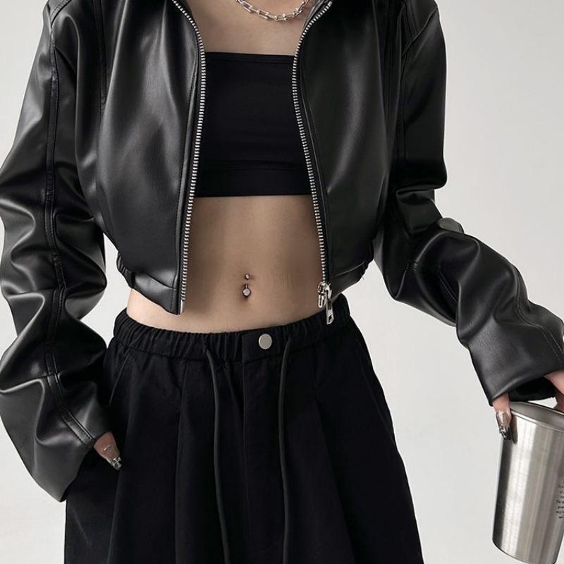 Vintage langärmelige Reverslederjacke Damen Frühling und Herbst süße coole Schwester Motorradjacke kurzes Oberteil