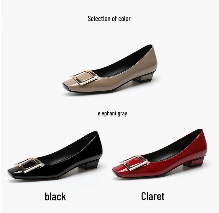 2026 Elephant Grey Patent Leather Chunky Heel Buckle Shoes - 2.5CM Square Toe, Low Cut Women's Heels