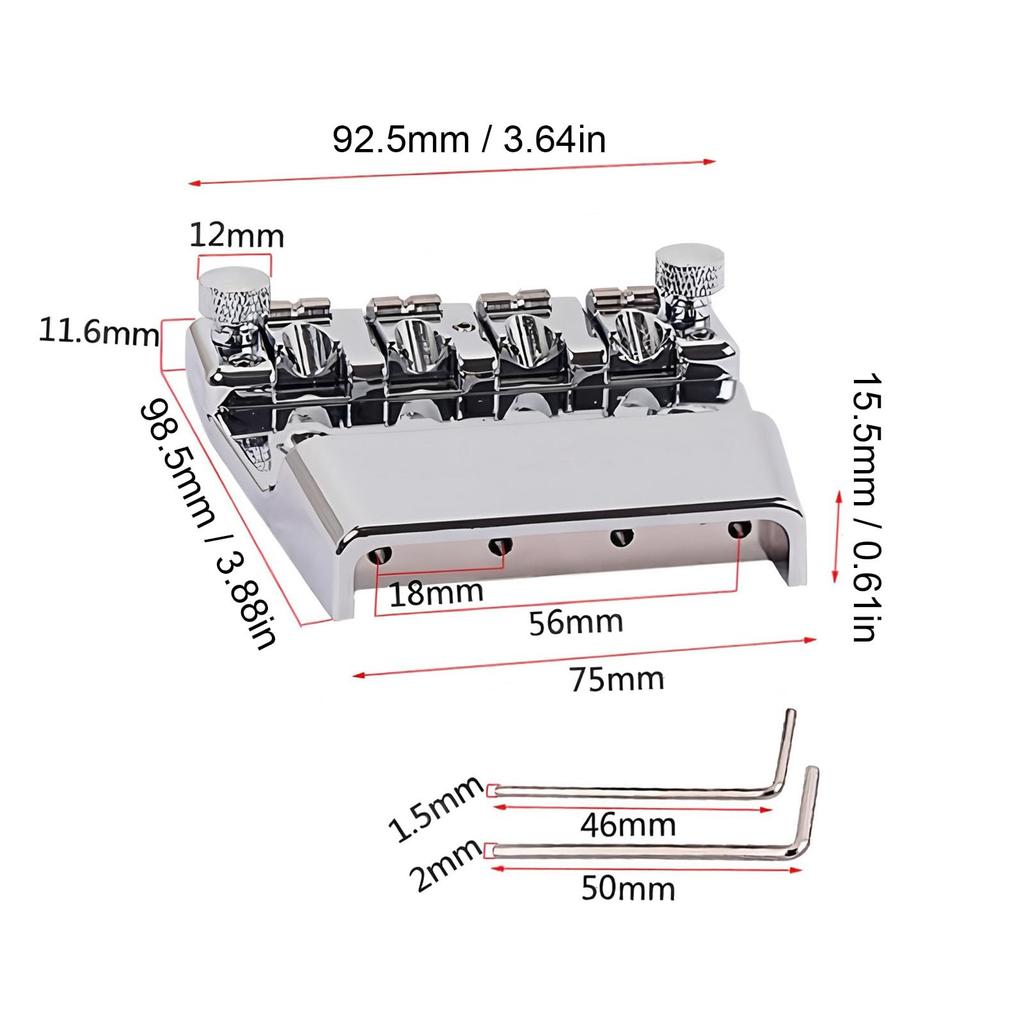 Luocute Bass Bridge for 18mm Zinc Alloy Saddle Assembly Rickenbacker, 4-String, Adjustable, Chromium-Plated