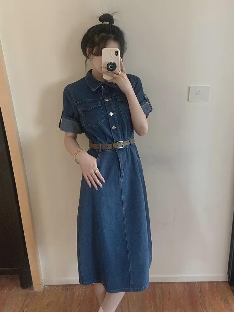 Real Shot Plus Size Denim Short-Sleeve Dress for Women - Summer Collection, Slimming Waist Design