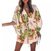 V-Neck Tie-Front Batwing Sleeve Casual Vacation Dress Women Floral Print Acetate Blend Short