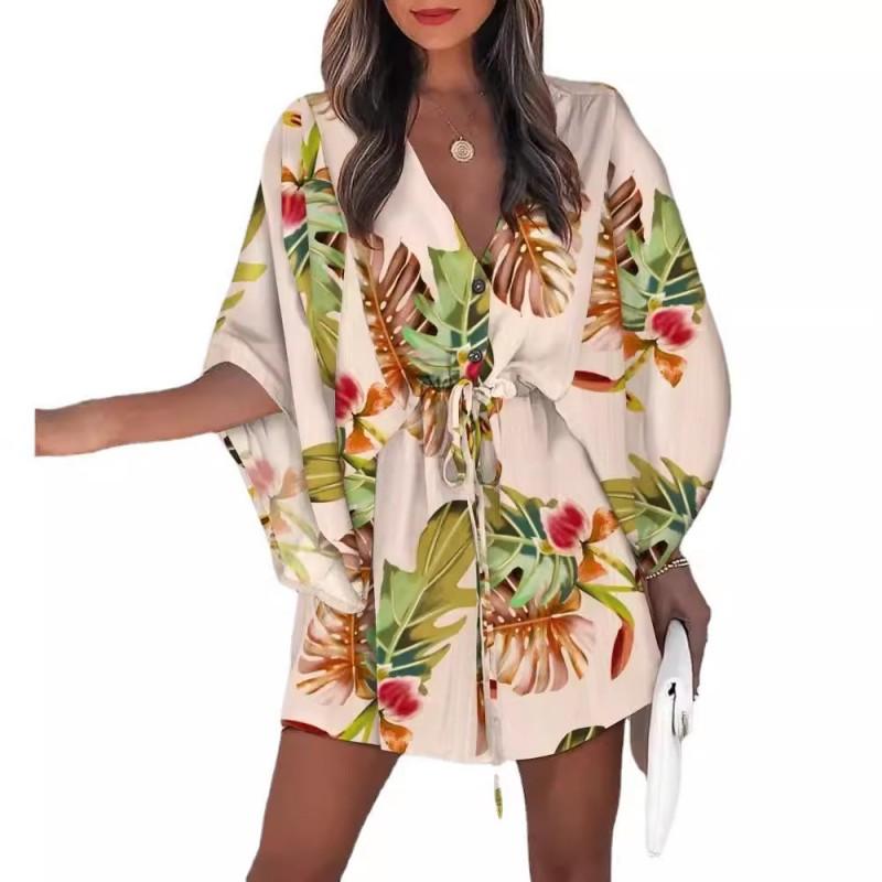 V-Neck Tie-Front Batwing Sleeve Casual Vacation Dress Women Floral Print Acetate Blend Short