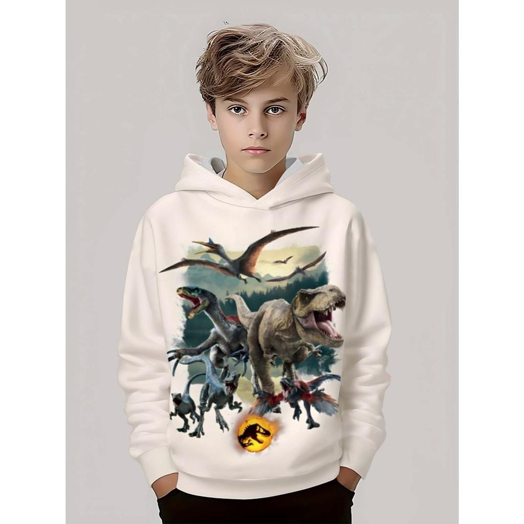 Boys' High-quality 3D Wear-resistant Polyester Fiber Material, Boys' Digital Dinosaur Printed Hooded Sweatshirt