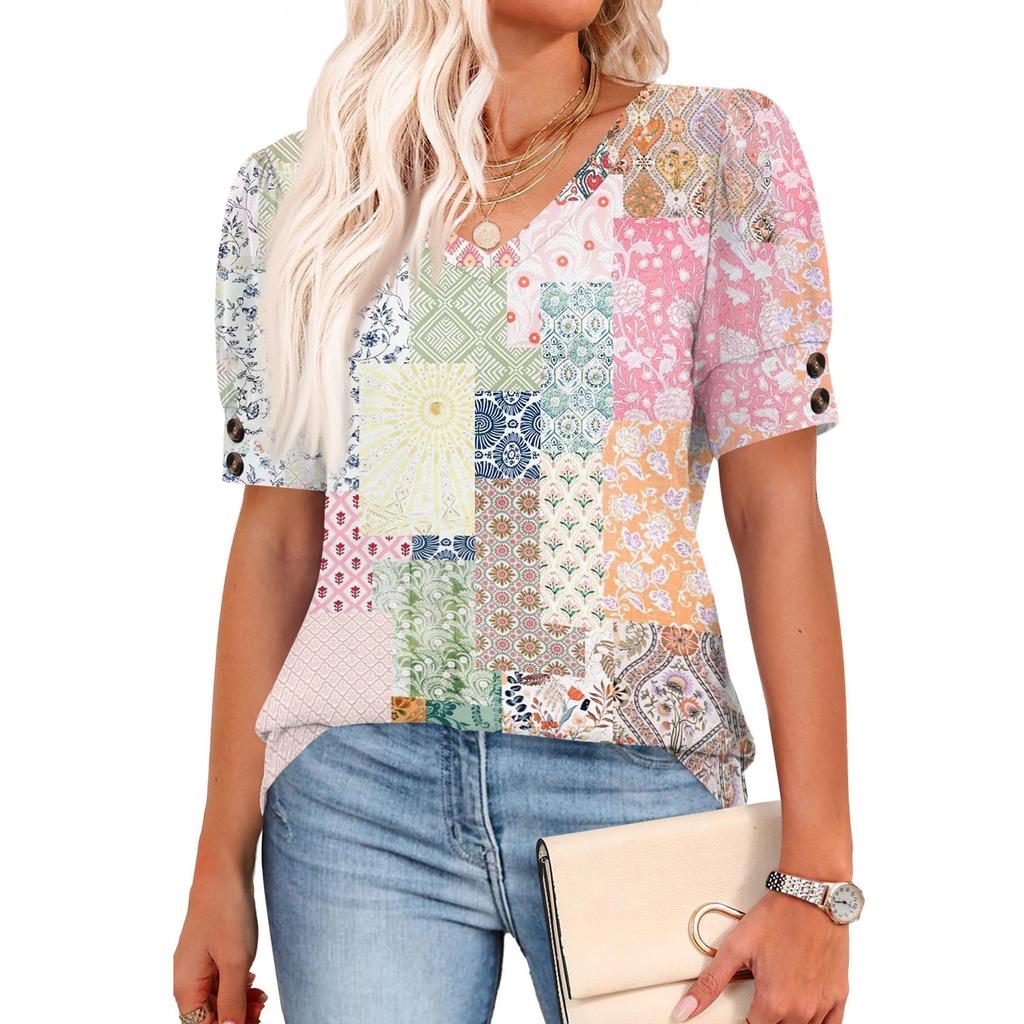 Womens Tops Short Sleeve Shirts Buttons V Neck  Fashion Outfits  Blouses  Casual