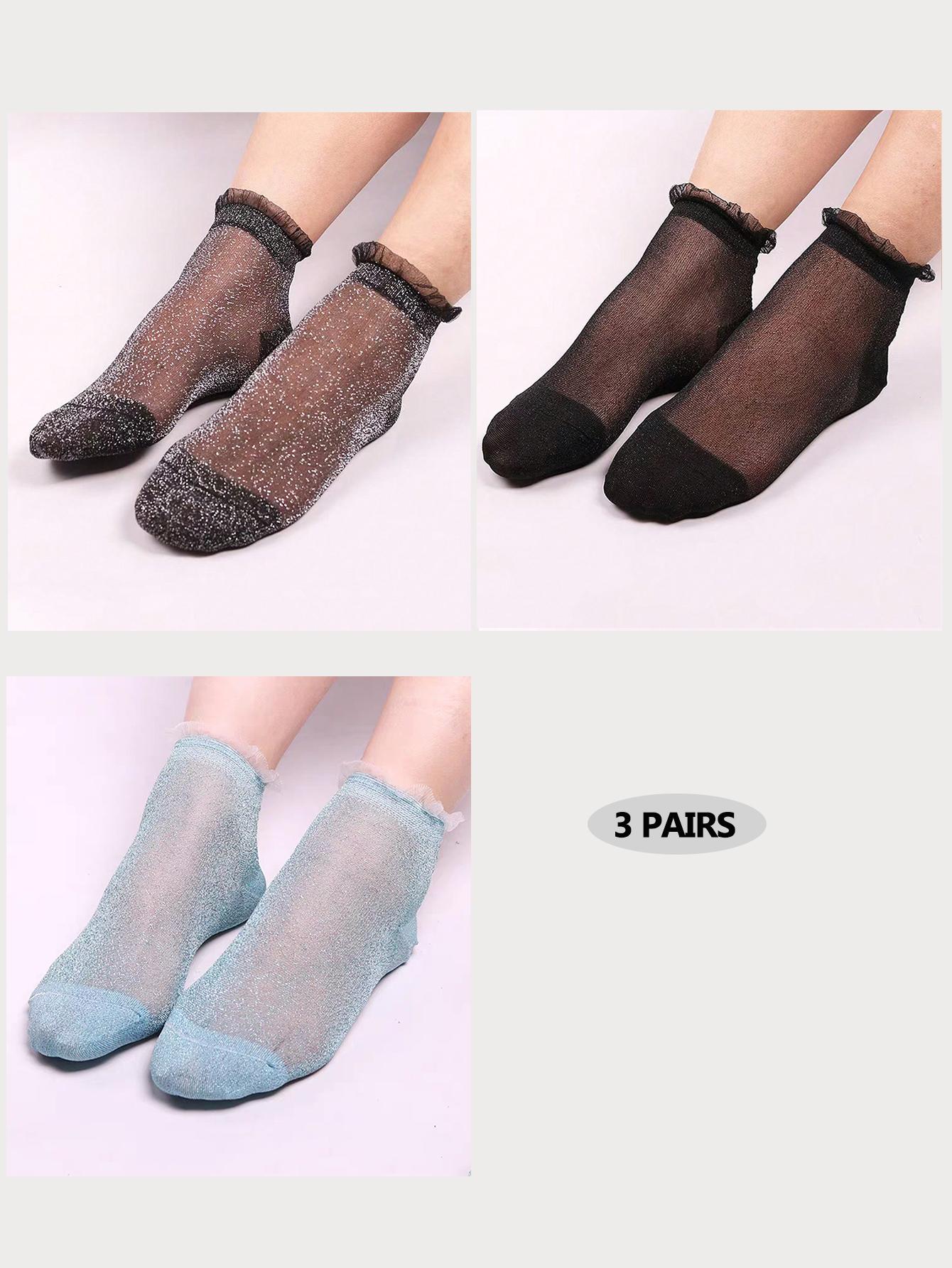 

3 Pairs Sexy Women Lace Ruffle Soft Comfy Sheer Elastic Mesh Knit Frill Trim Transparent Ankle Funny Socks 35-39