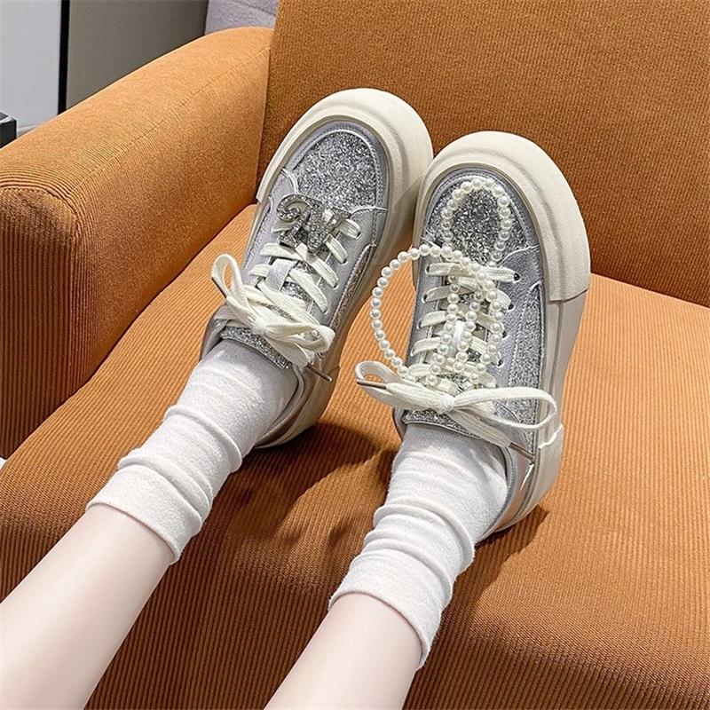 Women Versatile Casual Flats Thick Sole Rhinestone Vintage Dirty Sneakers