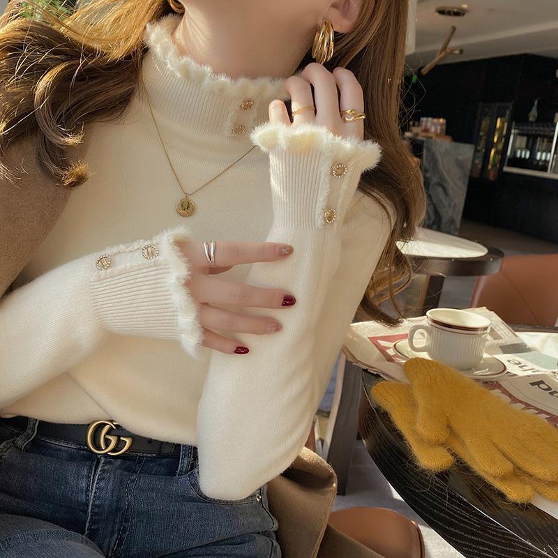 

Женский цельный флисовый свитер, теплый дизайн осень/зима 2024 года, модный толстый базовый слой с полувысоким воротником. One Size абрикосовый