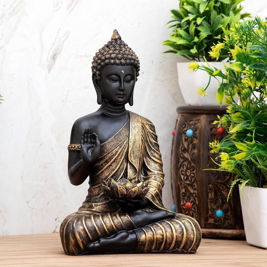 Meditating Sitting Buddha Statue Showpiece Idol Home Decor Living Room Gifts Decorative Showpiece - 27 Cm (Resin, Black, Gold)