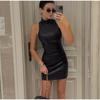 Fashion PU Leather Mini Dress Women Elegant Stand Collar Bodycon Short Party Dress Female Sexy Slim Sleeveless Evening Vestidos