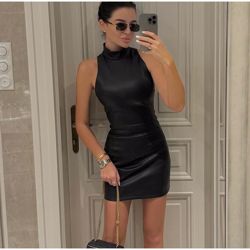 Módní PU kožené minišaty Dámské Elegantní Stojáček Bodycon Krátké společenské šaty Dámské Sexy Tenké večerní vestidos bez rukávů