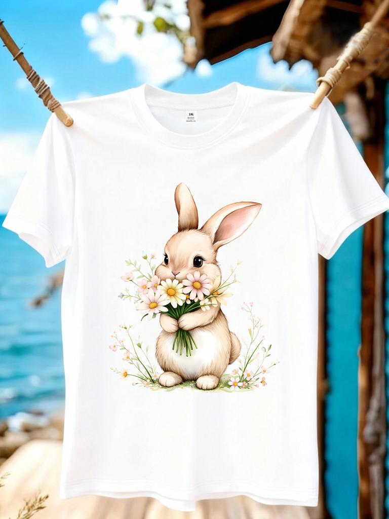 Wzm109127cute Rabbit Print Plus Size Unisexs Round Neck Summer Casual Short Sleeved Street Fashion Versatile Tshirt