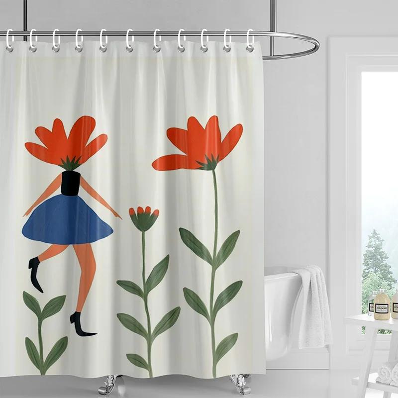Nordic Style Bathroom Soft Fabric Shower Curtain Abstract Tropical Plant Art Pattern Waterproof Bathroom Decorative Curtain