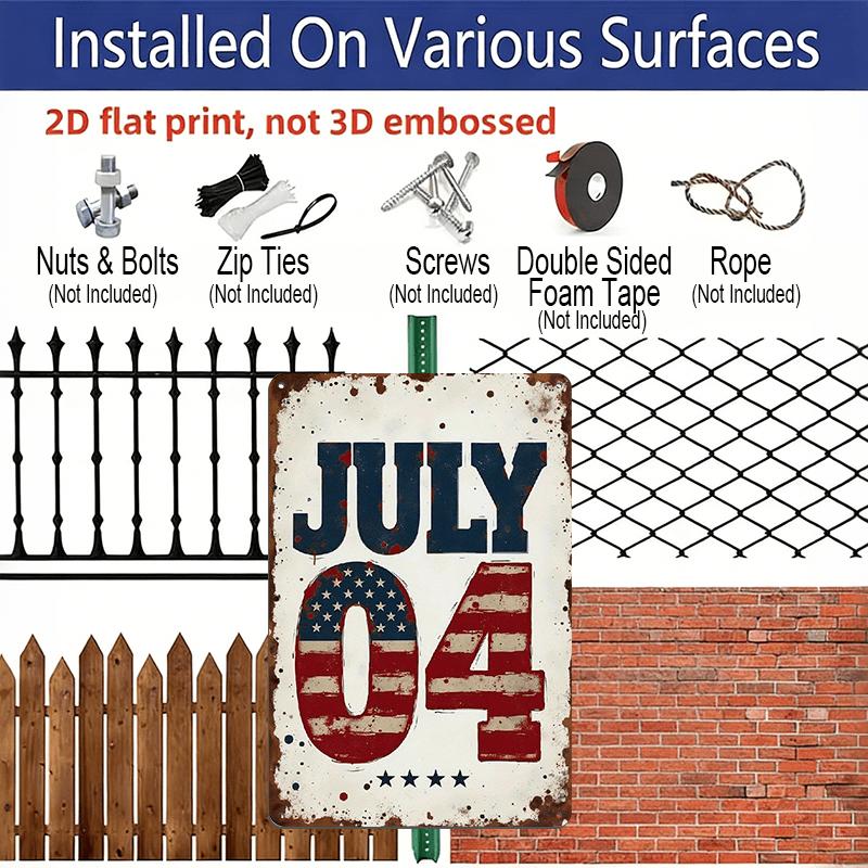 2D Flat, 8x12 Inch Vintage July 4th Metal Wall Decor - Distressed American Flag Sign Suitable for Independence Day, Rustic Aluminium Hanging