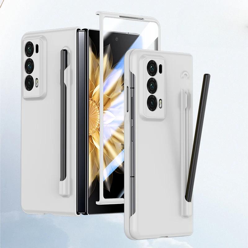Luxury Armor Case for Honor Magic V2 Matte with Pen Skin Feel Transparent Screen and Solid Color Back Shockproof Hard Plastic Cover