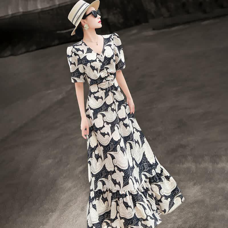 Lanseer French Style Floral Print Ruffle A-Line Dress