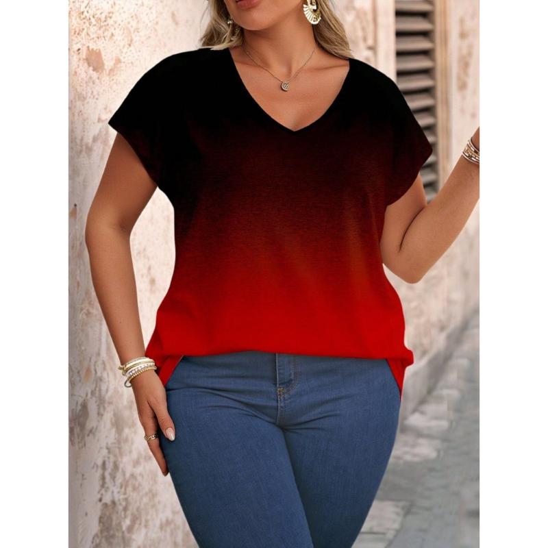 Women Short Sleeve Top Summer Basic Shirt V Neck Gradient Tie Dye Tee Tunic Tops