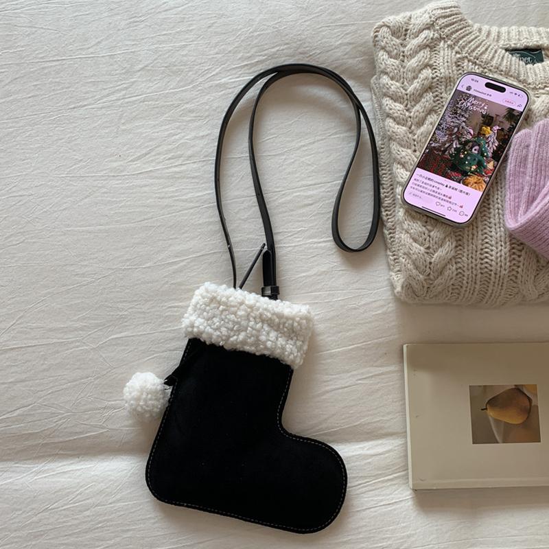 Portable Simple Style Suede Crossbody Bag Fluffy Lightweight Lamb Shoulder Bag Travel Christmas Sock Bag Women
