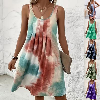Spring/Summer New Sleeveless Tie Dye Printed Fashion Dress Loose Pleated Elegant A-line Party Short Dresses Casual Simple Sumdress