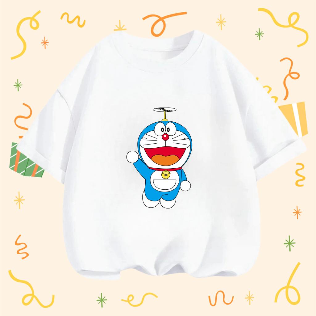 Summer Crew Neck T-shirt for Casual Everyday Wear, Doraemon Cute Cartoon Fashion Street Style