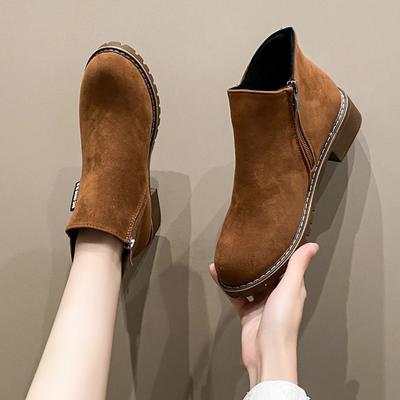 Short Boots, Mid-heeled Retro Ankle Boots, Women's Shoes, Thick-heeled Flat Side Zipper Boots