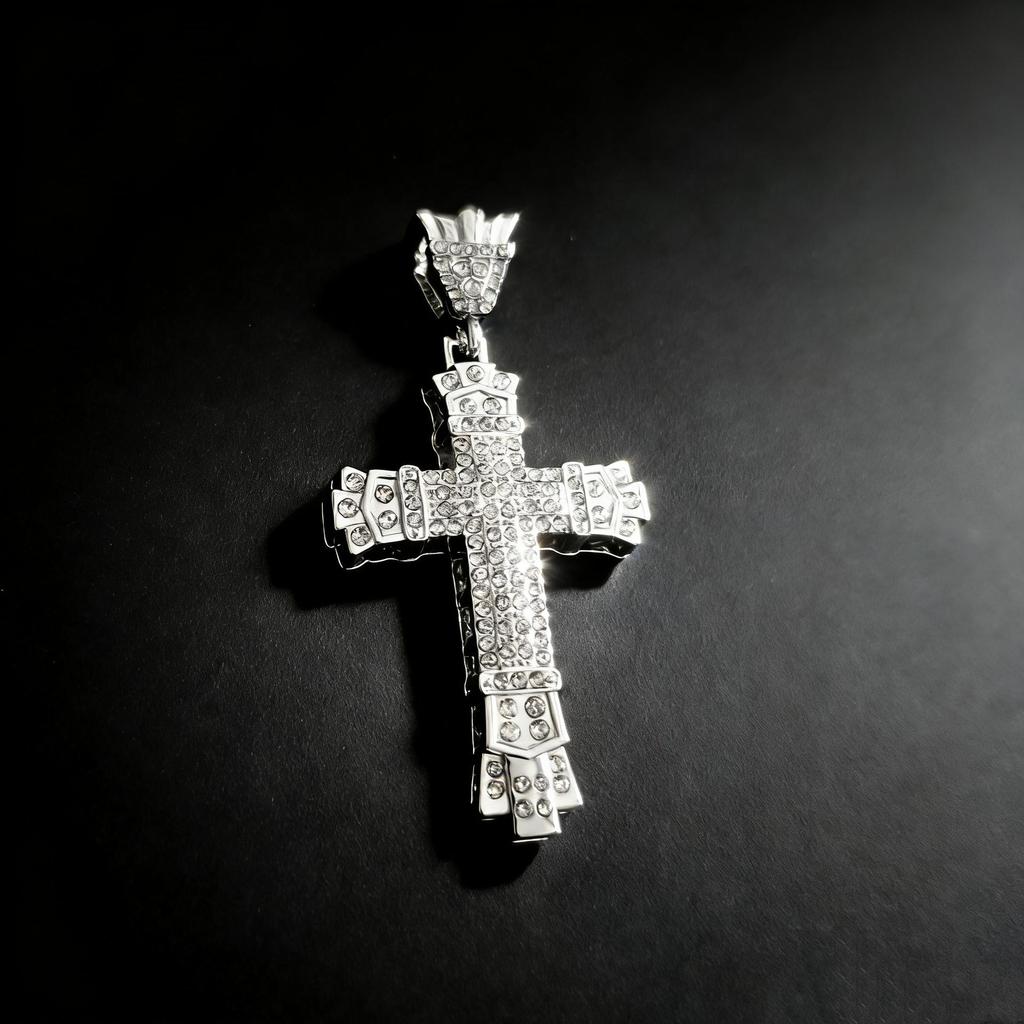 Men's Gold-Plated Retro Cross Pendant Hip-Hop Necklace with Full Diamond Encrustation