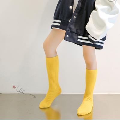 Kids Candy Color Knit Stockings Solid Color Stripe Breathable Cotton Knee High Socks for Girls Middle Tube Socks Free
