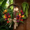 Artificial Floral Wreath European Style Colorful Flowers Hanging Wreath for Indoor Outdoor Home Decoration Orange Red