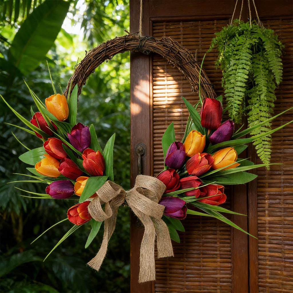 Artificial Floral Wreath European Style Colorful Flowers Hanging Wreath for Indoor Outdoor Home Decoration Orange Red
