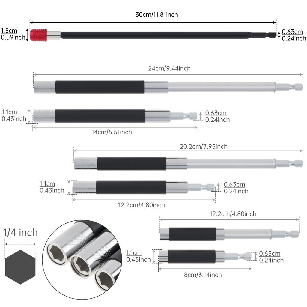 4 Pcs Magnetic Screwdriver Bit Holder Bar Set, Scalable 80-300mm Length, Quick Release 1/4 Inch Hex Adapter for Impact Driver Drill Bits Nuts Screws
