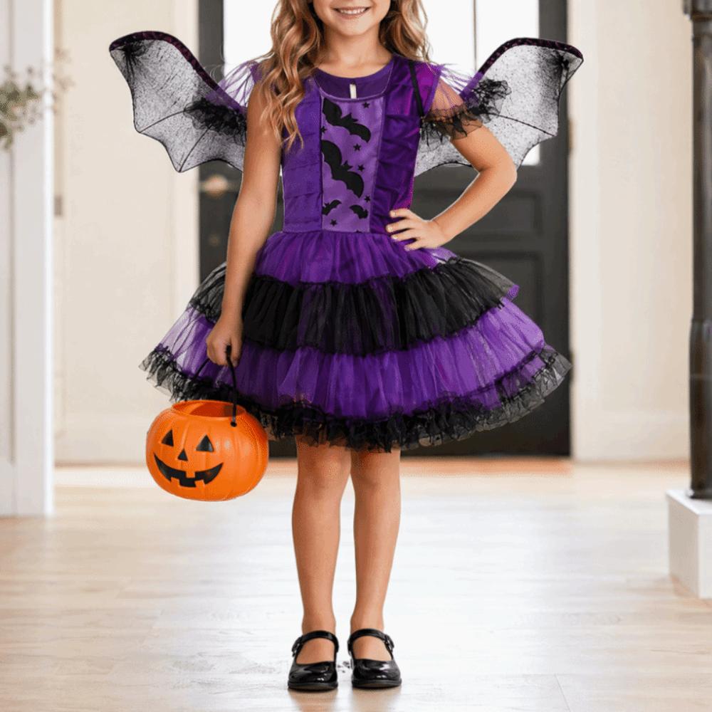 Purple Bat Design Demon Costume Wizard Hat Included Role Play Clothes Cosplay Dress  For Girls