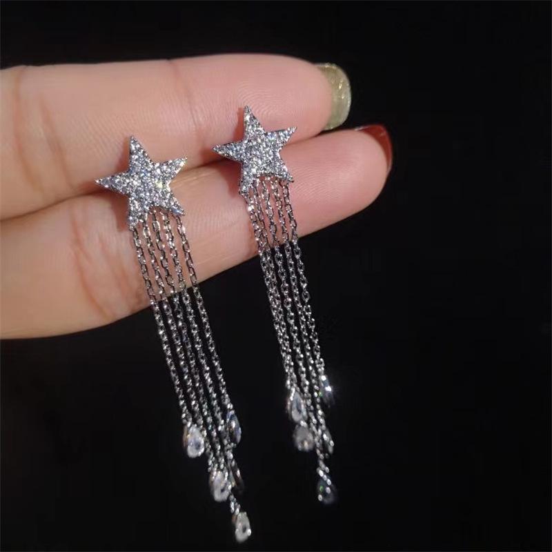 Stylish Five-Pointed Star Tassel Earrings with Micro-Set Zirconia