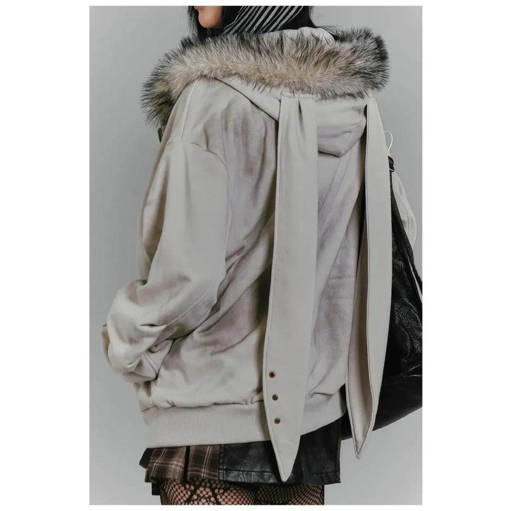 2KWEIRD American Retro Hoodie Women Gothic Simple Print Rabbit Ears Zipper Hooded Fur Collar Sweatshirt Fashionable Harajuku Jacket Tops