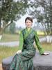 Deep Blue Patchwork Chinese-Style Slim Fit Dress for Women, Spring/Summer 2026, Tibetan Green Design.