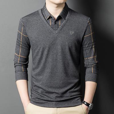 Tricou cu mâneci lungi pentru bărbați Primăvară și Toamnă Nou Fals Două piese Cămașă cu guler carouri casual pentru bărbați de vârstă mijlocie