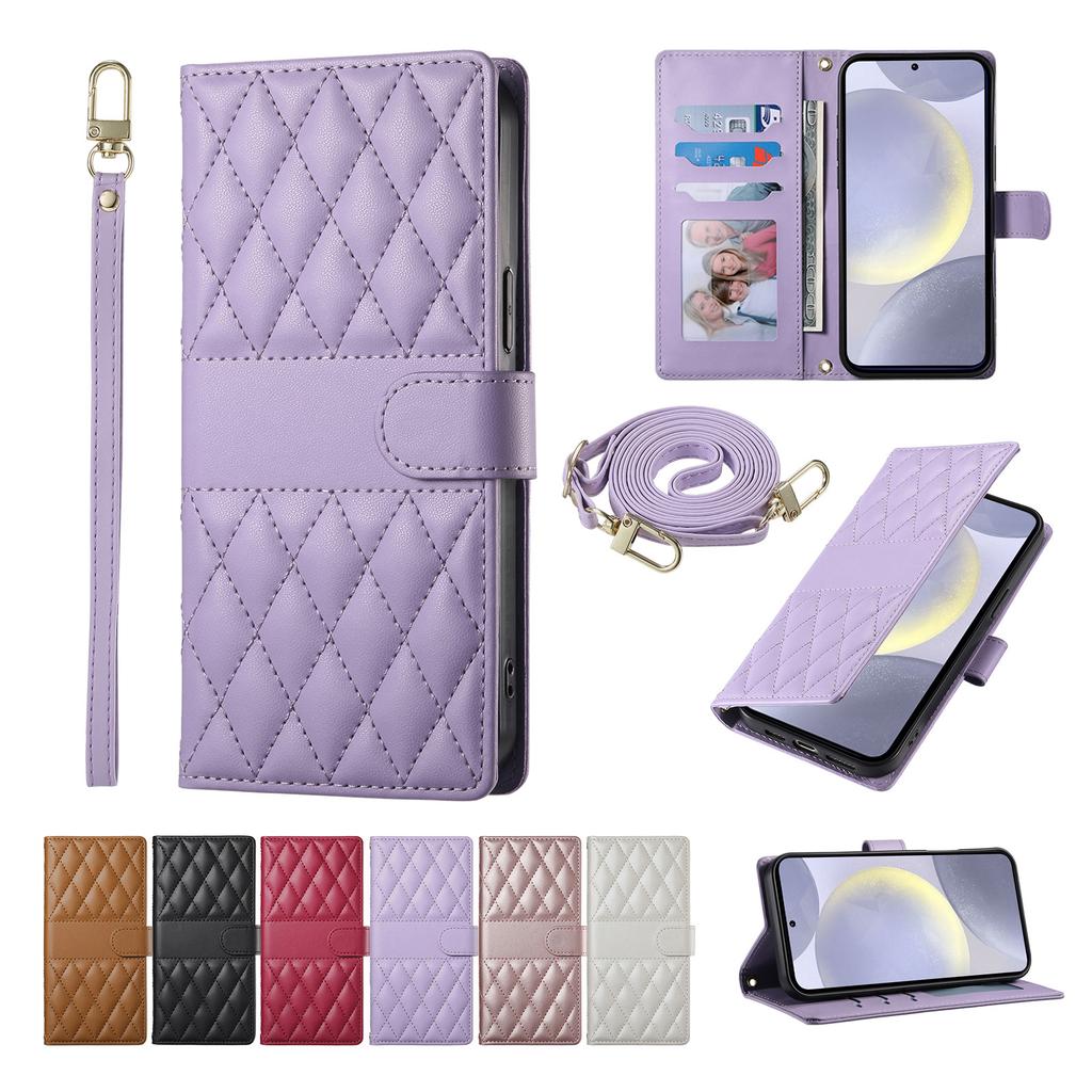 Crossbody Card Solt Wallet Leather Case For Samsung Galaxy S25 Ultra A16 A36 A56 A55 A15 S24 Plus S23 FE Grid Lanyard Flip Cover