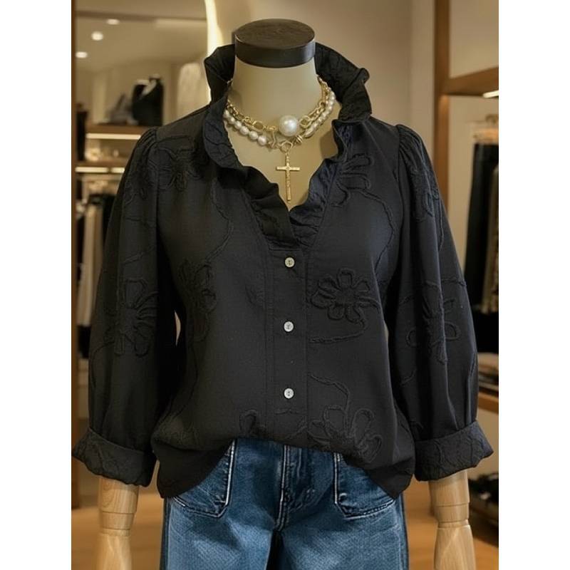 Basic Cotton Linen Blouse With Vneck And Puff Sleeves For Casual Women