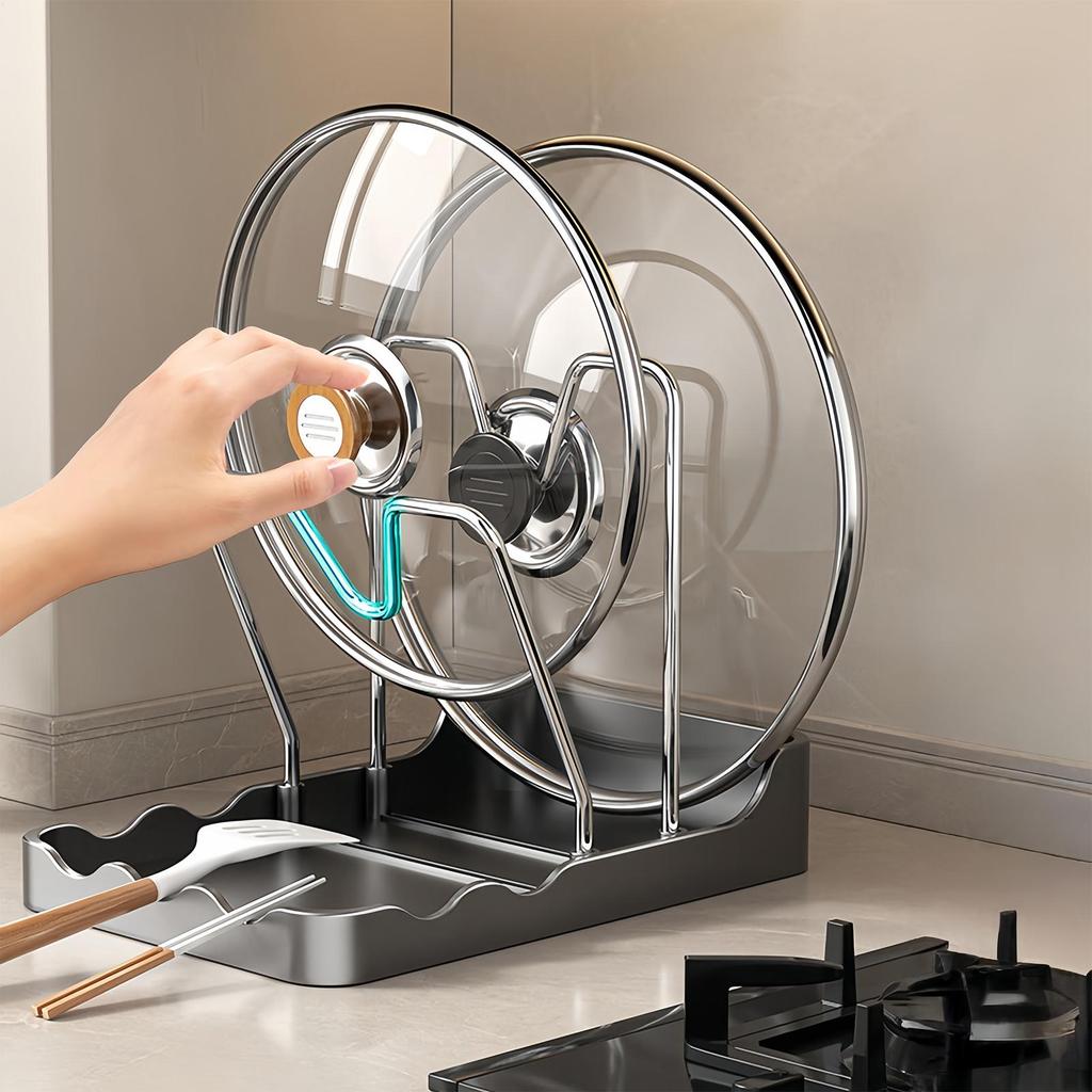 Double Layer Pot Lid Rack 2-In-1 Lid Storage Rack with 2 Sponge Drainers Countertop Kitchen Storage Rack with Spoon Rest
