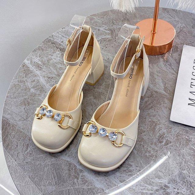 Nuovi Sandali Donna Estate Nuovi All-Match Tacco Spesso Francesi Strass Mary Jane Scarpe Singole Donna Punta Quadrata Scarpe con Tacco Sandali