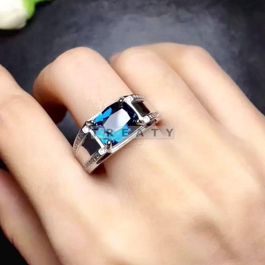 Blue Topaz Emerald Cut Gemstone With 925 Sterling Silver Ring For Men's #37 JL375718207060