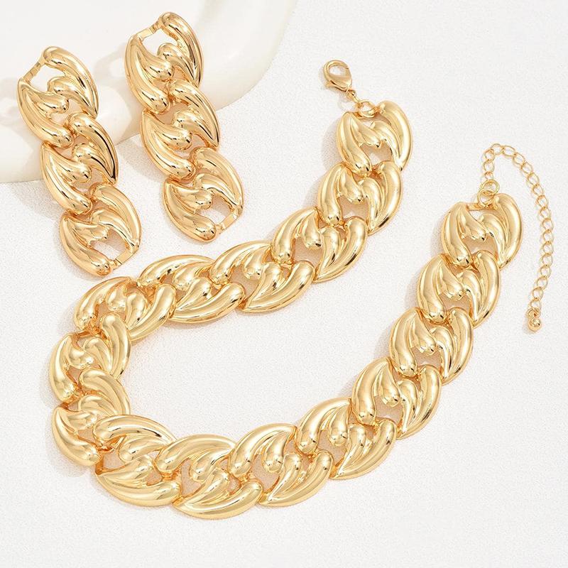 2PCS Set Big Cuban Chain Earring Necklace Set Gold Color Chunky Chain Collares Vintage Choker Drop Earring Jewelry Set